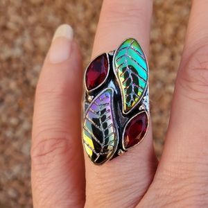 New Carved Rainbow Hematite and Garnet 925 Silver Ring.